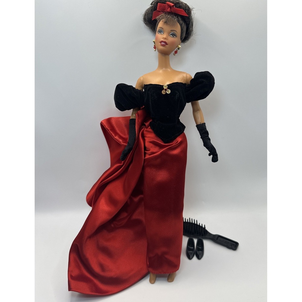 1998 Avon Winter Splendor Barbie African American Doll Red Black Dress Open Box
